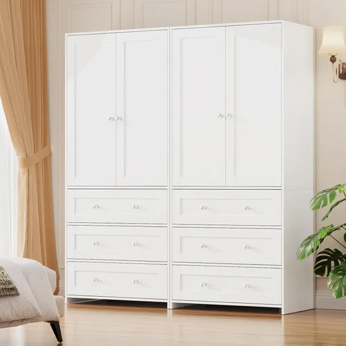 Miniatura 10 de VOWNER Armario Clóset con Cajones y Espejo, Gabinete de Almacenamiento de Ropa de 71" con Barra Colgante, Armario de Dos Puertas de Madera