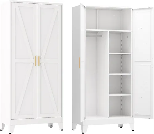 Miniatura 18 de Armario de metal guardarropa con barra para colgar, gabinete de armario de metal de 71'' con 2 puertas y 4 estantes ajustables, armarios