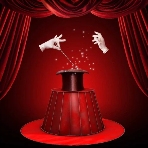 Yeele Fondo de espectáculo mágico de 10 x 10 pies para fotografía, cortina roja de circo, guantes blancos, sombrero negro, fondo de teatro, mago,