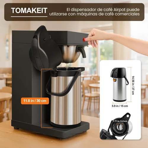 Miniatura 2 de TOMAKEIT Airpot - Dispensador de café térmico con bomba, 3L/102 onzas, aislado de acero inoxidable, gran jarra de café, palanca de acción para agua