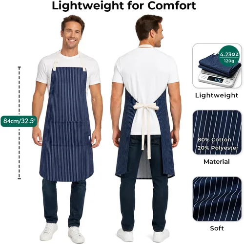 Miniatura 2 de Adjustable Bib Apron for Women Men, 80% Cotton Striped Cooking Apron with Large Pocket, Water Repellent