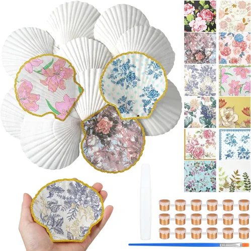Halloscume Juego de 12 Conchas de Vieira para Manualidades de 4''-5'' Conchas Grandes Naturales Blancas con 24 Piezas de Servilletas de Papel