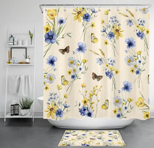 Miniatura 13 de EOBTAIN Cortina de ducha floral de acuarela para baño, margaritas y mariposas sobre tela beige con 10 ganchos, juego de cortinas de baño rústicas