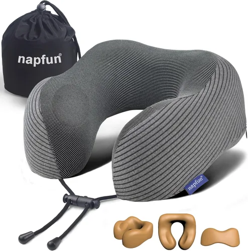 Miniatura 10 de NapFun - Almohada de cuello para viajes, mejorada para viajar por avión 100% espuma viscoelástica para dormir y descansar durante los vuelos, Gris
