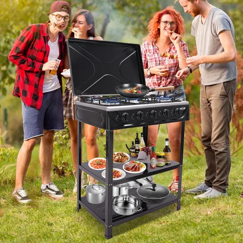 Miniatura 2 de Estufa de Gas de 5 Quemadores, Estufa de Gas Natural Portátil para Acampar al Aire Libre Estufa de BBQ Cocina de Gas con Estante de Almacenamiento