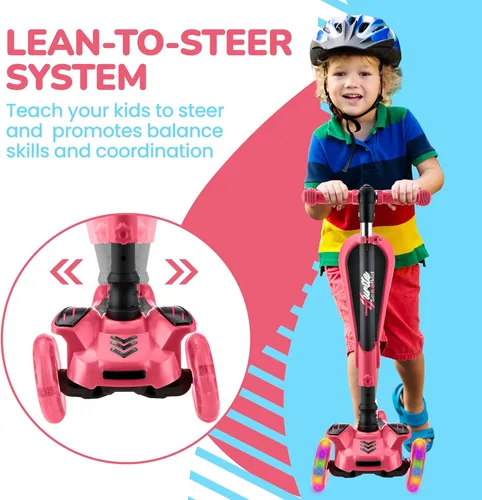 Miniatura 6 de Hurtle Patinete de 3 ruedas para niños, luces LED de ruedas, manubrio ajustable de inclinación para dirigir y asiento plegable, paseo sentado