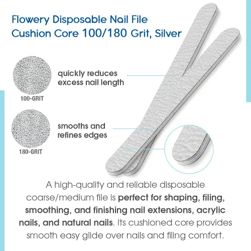 Miniatura 4 de Flowery Lima de uñas desechable con núcleo de grano 100/180, plateado, paquete de 100