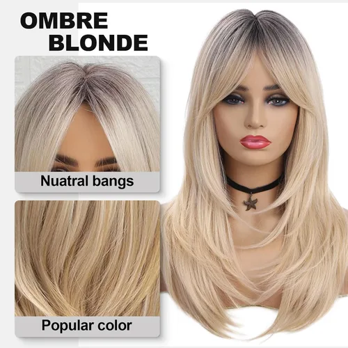 Miniatura 3 de HAIRCUBE Pelucas rubias degradadas con flequillo, longitud al hombro, peluca rubia ceniza para mujer, pelucas en capas, raíces oscuras, pelucas