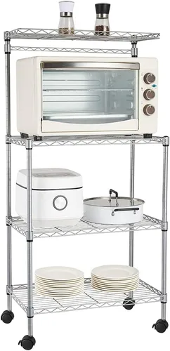 Estante para panaderos con ruedas, carrito de microondas de cocina con almacenamiento, carrito de alambre ajustable de 4 niveles de altura para