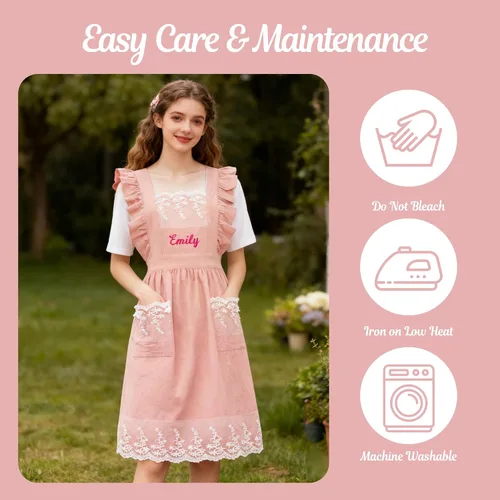 Miniatura 4 de Delantal vintage para mujer con bolsillos, delantales de chef personalizados con nombre para cocina, cocción, hornear, jardinería Rosa (pink lace)