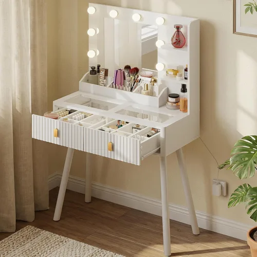 Miniatura 9 de GOODONE Tocador acanalado con luces de bombilla de espejo, escritorio de maquillaje con 2 cajones y estantes de almacenamiento, escritorio de Roble