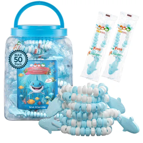 50 Pulseras de Caramelo de Tiburón, Caramelo Azul Genial para Fiestas Bajo el Mar y Recuerdos de Tiburón Bebé, Decoraciones y Rellenos para Bolsitas