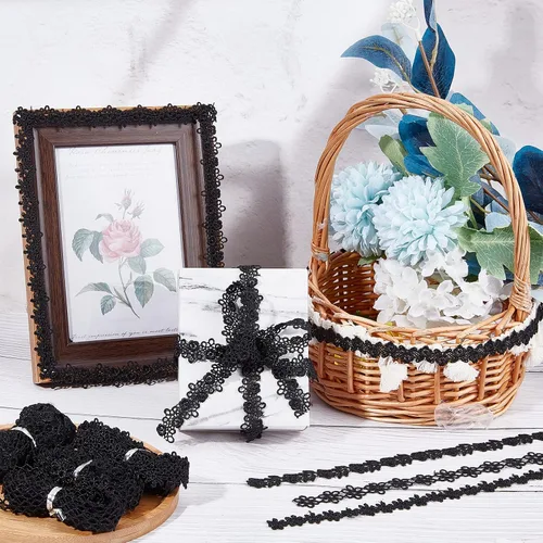 Miniatura 3 de PH Pandahall 28 yardas 10 rollos de encaje negro, cinta de encaje floral de 3/8 ~ 3/4 pulgadas, tela de encaje floral de ganchillo, ribete de encaje