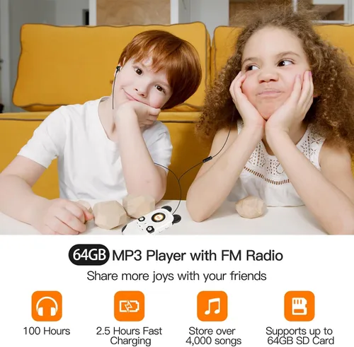 Miniatura 6 de RUIZU Reproductor MP3 de 64GB para Niños, Reproductor de Música Portátil Lindo Panda MP3, Reproductor MP3 para Niños con Bluetooth 5.3, Altavoz