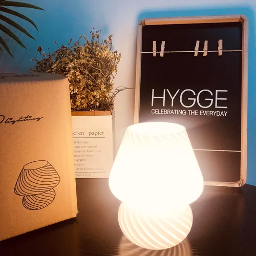 Miniatura 4 de Lámpara de hongo rosa, lámparas de mesa de noche de cristal de hongo, translúcidas, estilo vintage Murano a rayas, pequeña mesita de noche, lámpara