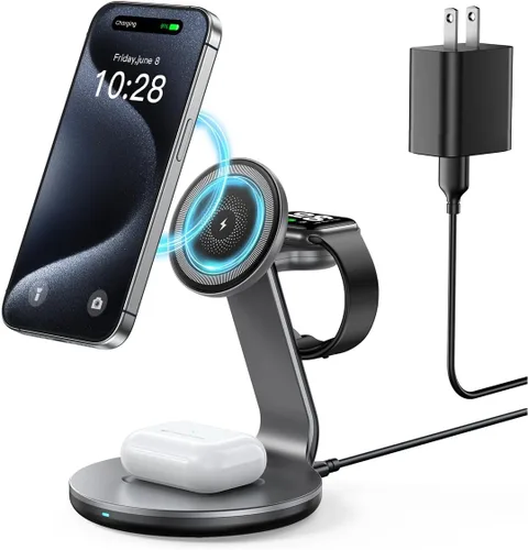 HERRBOL Estación de carga 3 en 1 compatible con cargador Magsafe Soporte de cargador inalámbrico para iPhone 17 16e 16 15 14 13 12 Estación de carga