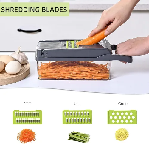 Miniatura 4 de Cortador de verduras 16 en 1 con picador de especias, 7 cuchillas, cortador de verduras y cebolla Un conjunto gris