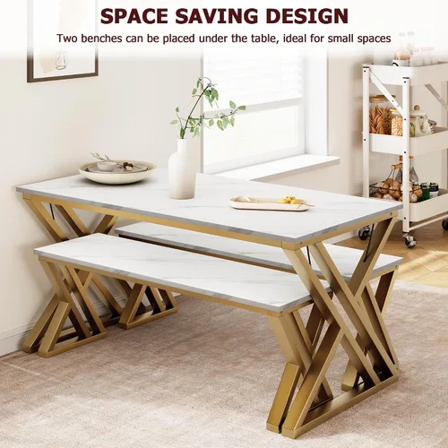 Miniatura 3 de GarveeHome Mesa de cocina con 2 bancos, juego de mesa de comedor para 4 personas con mesa de mármol sintético, juego de mesa de comedor que ahorra