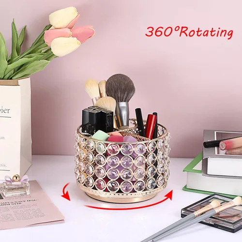 Miniatura 2 de Hipiwe Organizador de tocador de cristal, soporte giratorio de 360° para brochas de maquillaje, soporte de exhibición de brochas cosméticas Dorado