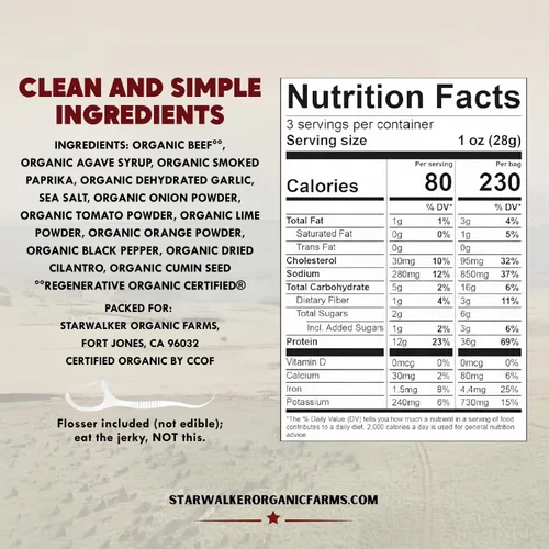 Miniatura 2 de StarWalker Organic Farms Carne Asada Beef Jerky – Certificada Orgánica, 36g de Proteína, Sin Nitratos ni Conservantes, Alimentada con Pasto, Bolsa