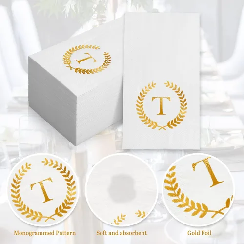 Miniatura 4 de Paquete de 200 servilletas desechables con monograma de lámina dorada con letra T, servilletas de mano desechables con inicial, para boda