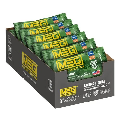 Miniatura 14 de MEG - Goma de mascar de energía militar 100 mg de cafeína por pieza + aumenta la energía + aumenta el rendimiento físico + menta verde paquete