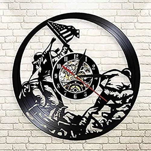 Miniatura 4 de Marines Raising The Flag On Iwo Jima Wwll Wall Art Reloj de pared Ww2 Bandera de Estados Unidos Contemporáneo Disco de vinilo Soldados Reloj Dia