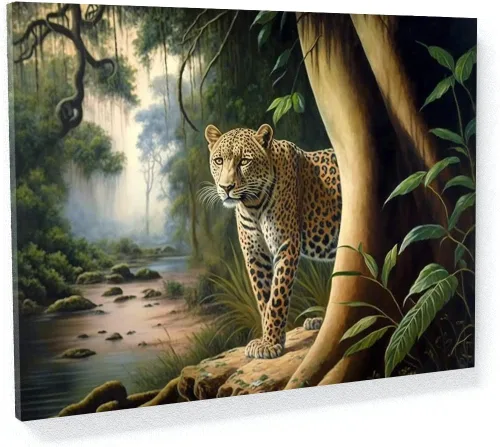 Miniatura 26 de Sense Canvas Arte en lienzo con retrato de leopardo verde 2 – Decoración del hogar para pared, póster grande 40 x 30 / 0.75 pulgadas