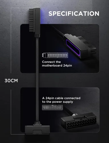 Miniatura 9 de AsiaHorse Hydrus-24PIN PC PSU Extensión de Cable ARGB LED, Cable de Extensión de Energía de la Placa Madre de Cobre Diseño Integrado, 2000W de Negro