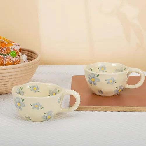 Miniatura 7 de Koythin 2 Piezas de Tazas de Café de Cerámica, Taza Creativa Linda con Flores para Oficina y Hogar, Taza Estética de 8.5 oz/250 ml para Café con 2
