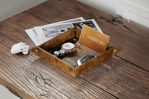 Miniatura 3 de OARIE Bandeja de cuero para mesita de noche, bandeja de almacenamiento, organizador de joyas para hombres, cartera para llaves, monedas, bandeja