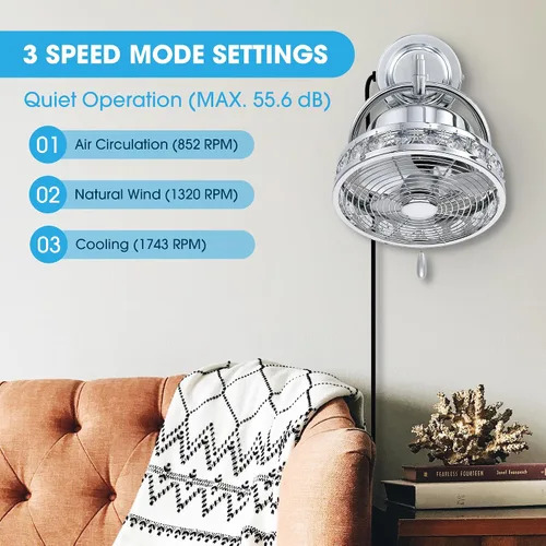 Miniatura 3 de Parrot Uncle Ventilador de pared de 10 pulgadas, ventilador de pared con brazo oscilante y plegable, diseño silencioso que ahorra espacio, dirección