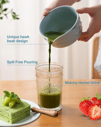 Miniatura 5 de Juego de batidor matcha, juego de kit matcha japonés de 7 piezas con cuenco matcha (chawan), batidor matcha y soporte, cuchara de bambú, Azul