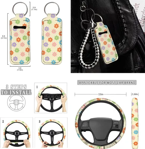 Miniatura 4 de Accesorios estéticos para automóvil, juego completo de fundas de asiento de automóvil con flores bohemias para mujeres, damas, juego de decoración