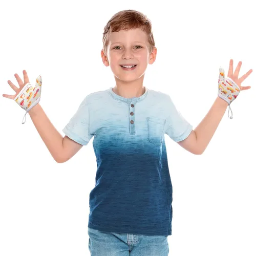 Miniatura 6 de Seematn 4 pares de guantes de succión de pulgar transpirables para niños pequeños que dejan de chupar los dedos de los dedos (3-6 años, dinosaurio)