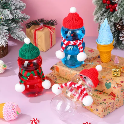 Miniatura 9 de PRETYZOOM 10 juegos de botellas de jugo de muñeco de nieve con tapa, tarro de plástico transparente de Navidad con bufandas de punto, sombreros