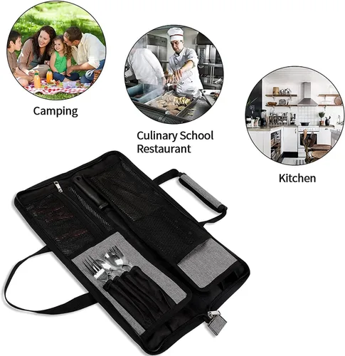 Miniatura 7 de Bolsa de rollo para cuchillos de chef, bolsa de cuchillo de chef Oxford resistente, estuche portátil para cuchillos de chef de 13 ranuras, Gris