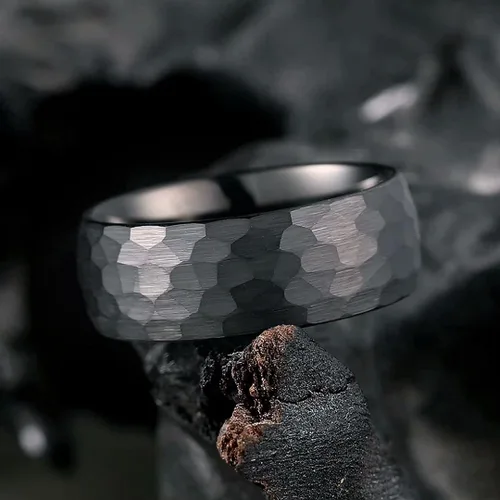 Miniatura 2 de King Will Anillos de tungsteno martillado de 0.315 pulgadas para hombres y mujeres abovedados negroplata y oro rosa cepillado anillo de boda