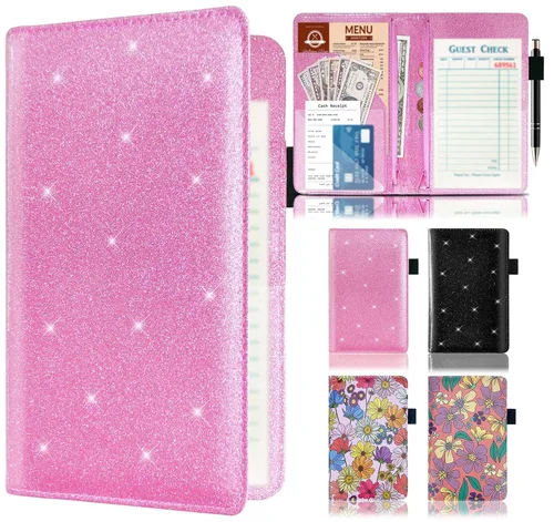 Miniatura 11 de Libro de mesero con 2 bolsillos con cremallera, organizador de libro de mesero con cubierta floral de cuero para camarera, linda cartera de dinero