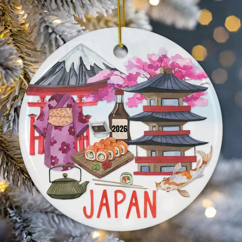 Miniatura 2 de Adorno de Navidad con collage de iconos culturales de Japón, cerámica de 3 pulgadas