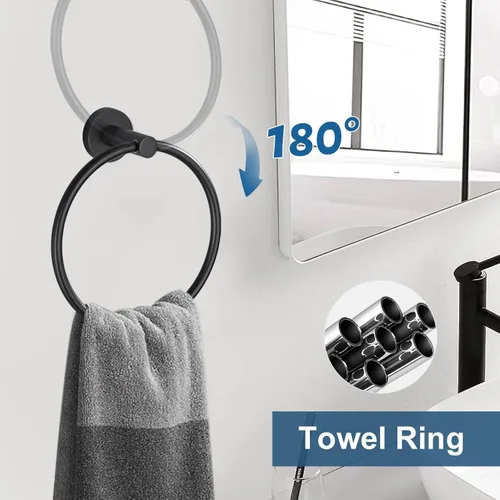 Miniatura 4 de Juego de 5 accesorios de baño negro mate, juego de toallero de 23.6 pulgadas, soporte de papel higiénico de acero inoxidable, toalleros redondos