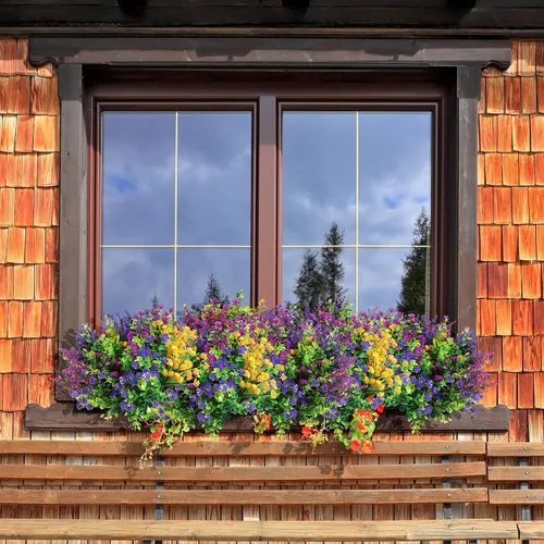 Miniatura 6 de Hoteam 48 paquetes de flores artificiales de plástico para exteriores, flores de boj de plástico, arbustos de plástico para patio, porche, jardín
