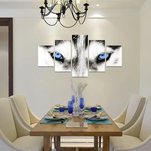 Miniatura 4 de Lienzo grande de 5 piezas de arte de pared de lobo blanco y negro, ojos azules, cara de animal, cabeza de animal, pintura abstracta para sala