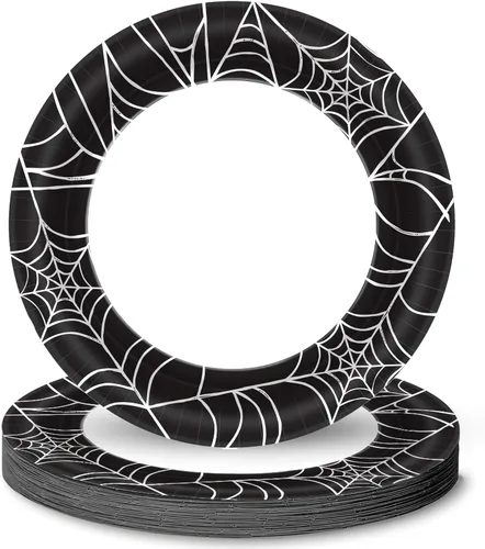 Platos redondos de papel de telaraña – 10 pulgadas (paquete de 40) – Paquete elegante y duradero, perfecto para Halloween y celebraciones temáticas