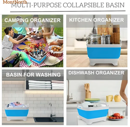 Miniatura 8 de Lavabo plegable de 9 L, tina plegable con tapón de drenaje, lavabo plegable portátil, fregadero de campamento para lavar platos, lavandería y uso