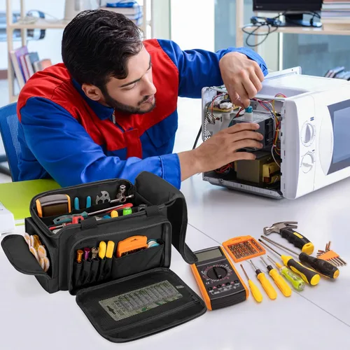 Miniatura 8 de Rexmica Bolsa de herramientas de 12 pulgadas con fondo antifricción, bolsa organizadora de almacenamiento de herramientas manuales para hombres