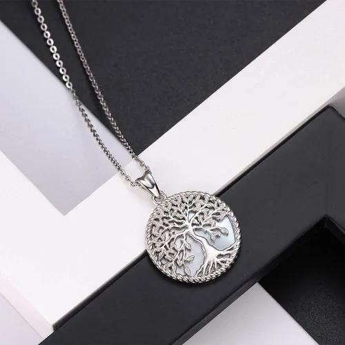Miniatura 3 de Aniu Tree of Life Necklace for Women, 925 Sterling Silver Mother of Pearl Family Palm Tree Charm Pendant Jewelry for Birthday Christmas Gift