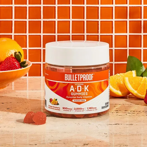 Miniatura 3 de Bulletproof Gomitas A+D+K de vitaminas de fresa y naranja sin azúcar, 60 unidades, suplemento keto para apoyo cardíaco, óseo e inmunológico, fórmula
