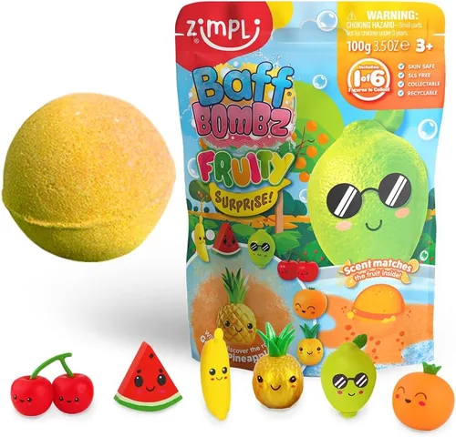 Zimpli Bomba de baño sorpresa grande para niños, 1 de 6 juguetes sorpresa frutales para coleccionar, uno por bomba de baff, dinero de bolsillo,