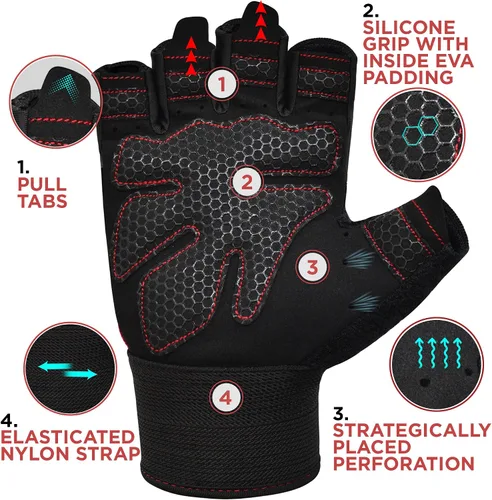 Miniatura 2 de RDX Guantes de levantamiento de pesas para gimnasio, entrenamiento de fitness, protección completa acolchada antideslizante, ultra ventilados, Rojo